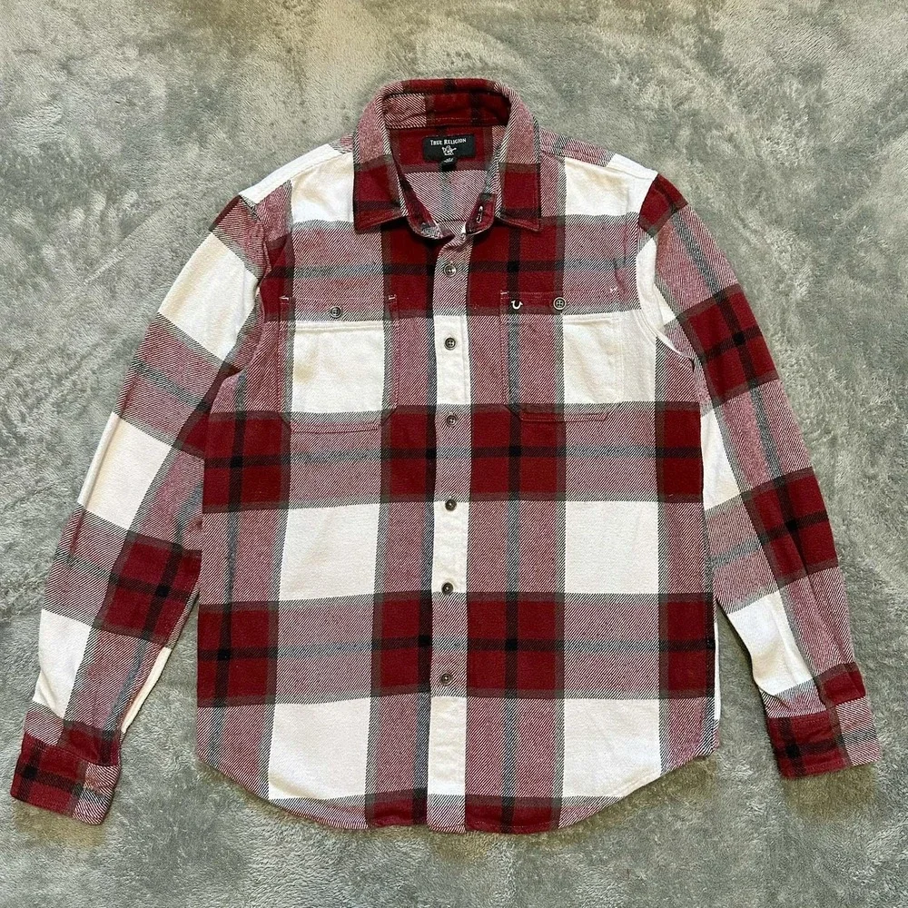 True Religion Shirt Mens S Red White Plaid Flannel Heavy Button Up Western Ranch